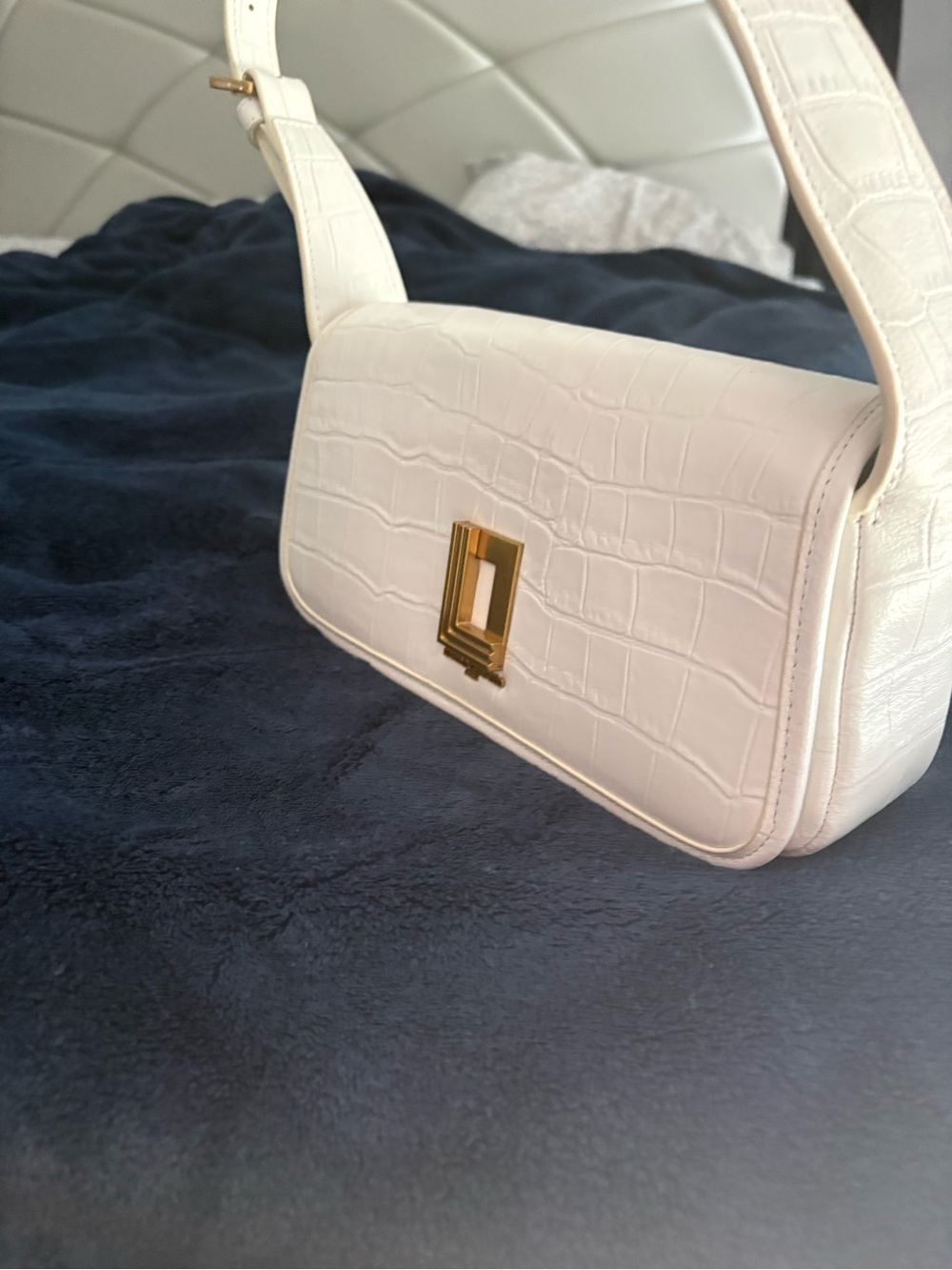 Karl Lagerfeld White Croc-Embossed Shoulder Bag with Gold Hardware